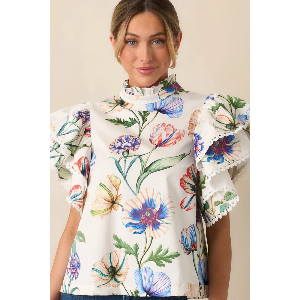 Prosperina Blair Ruffle Top Ivory Multi Floral High Neck Flutter Sleeve Small‎